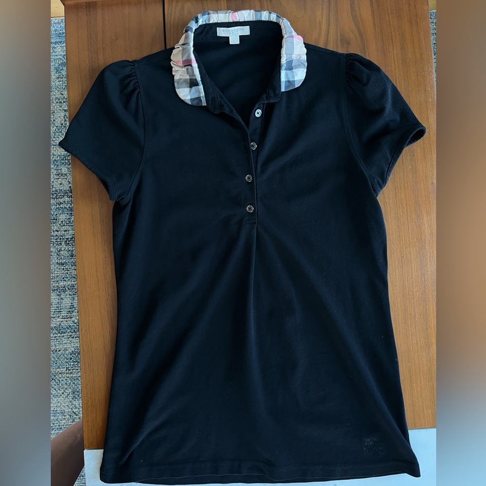 Burberry Women’s Polo T-shirt Black And Check Collar Top Large